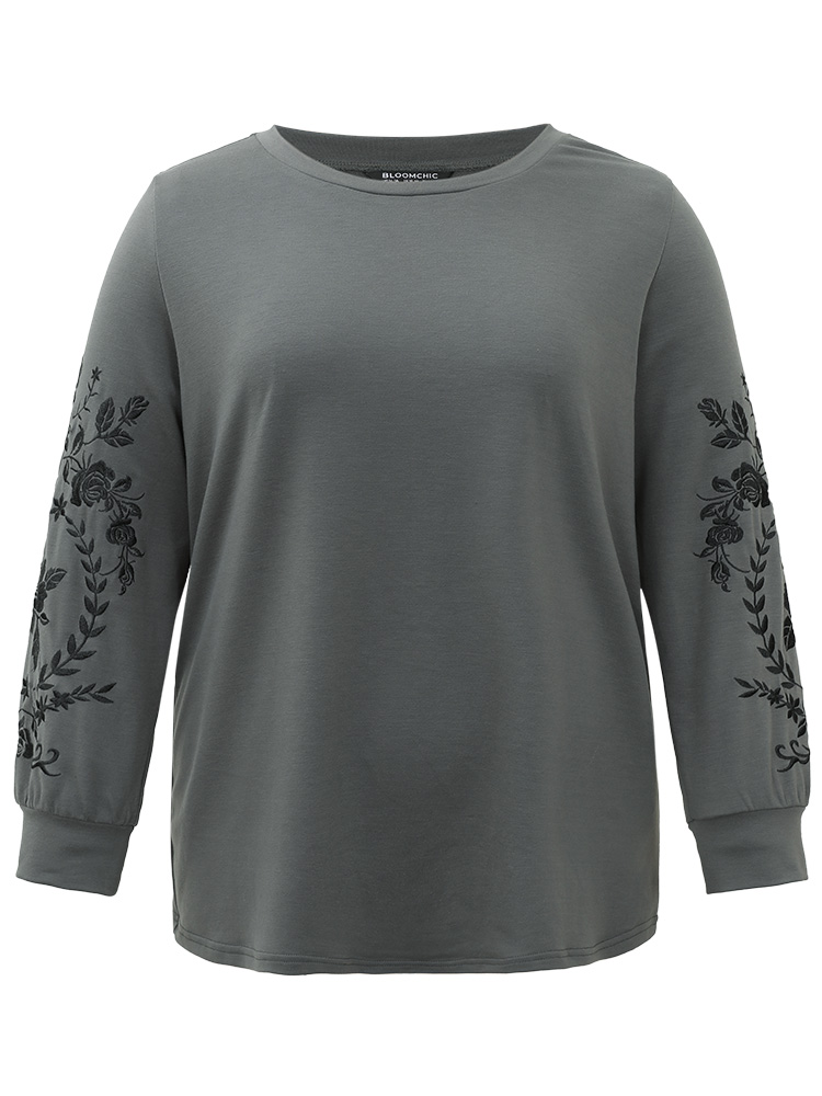 Plus Size Plants Embroidered Elastic Cuffs Crew Neck Sweatshirt Women Gray Casual Embroidered Round Neck Everyday Sweatshirts BloomChic 28/5X 