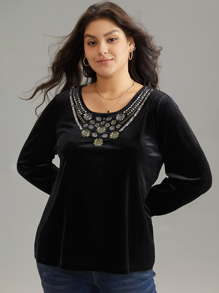 

Plus Size Velvet Plants Embroidered Elastic Cuffs T-shirt Black Round Neck Long Sleeve Elegant Jersey Tops