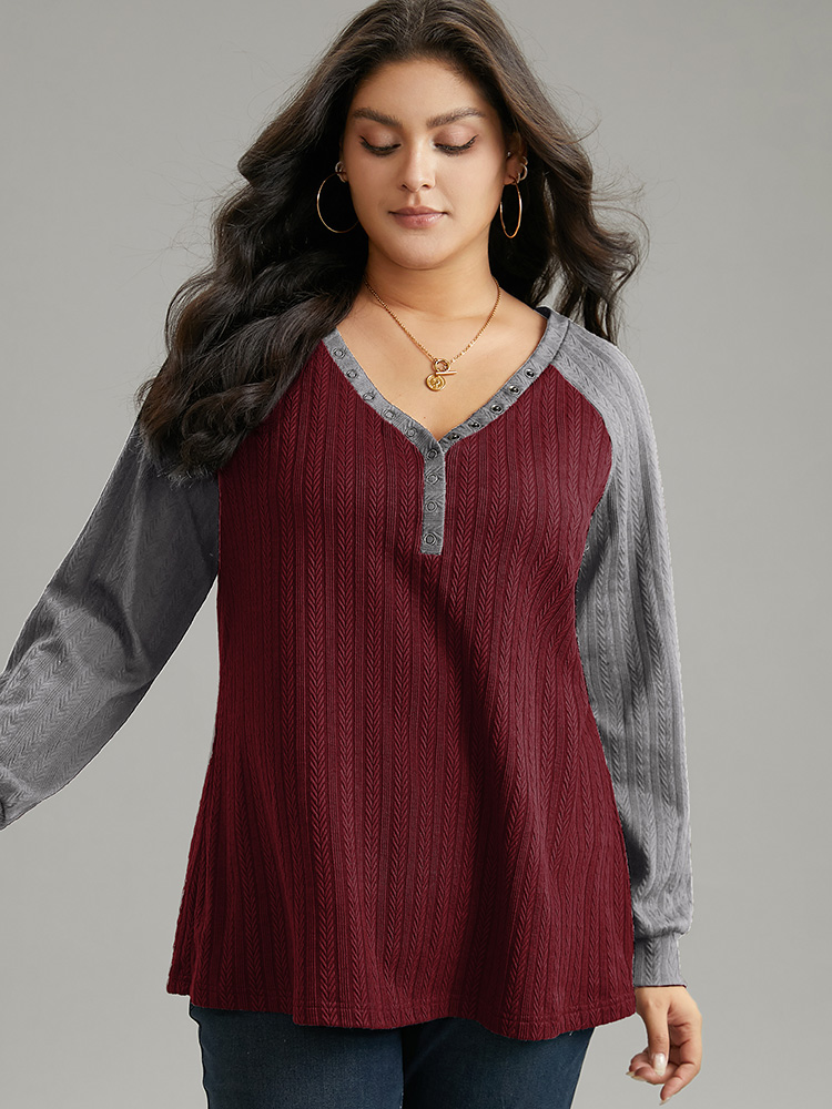 

Plus Size Textured Contrast Button Detail Raglan Sleeve Sweatshirt Women Burgundy Casual Texture V-neck Dailywear Sweatshirts BloomChic