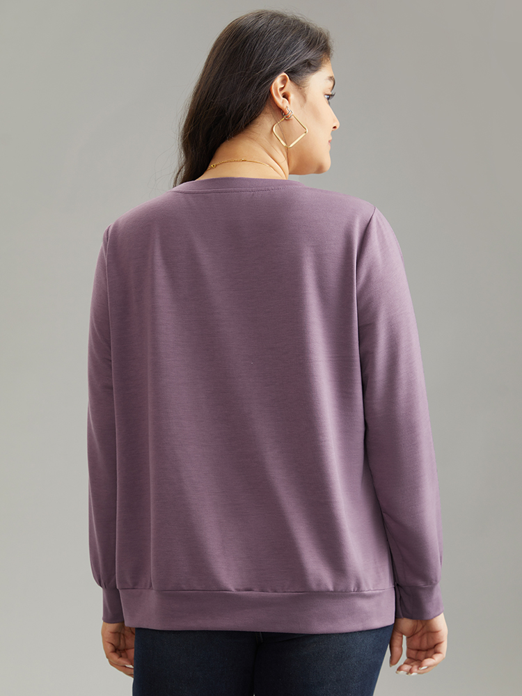 

Plus Size Plain Button Detail Round Neck Knit Sweatshirt Women Mauve Casual Plain Round Neck Everyday Sweatshirts BloomChic