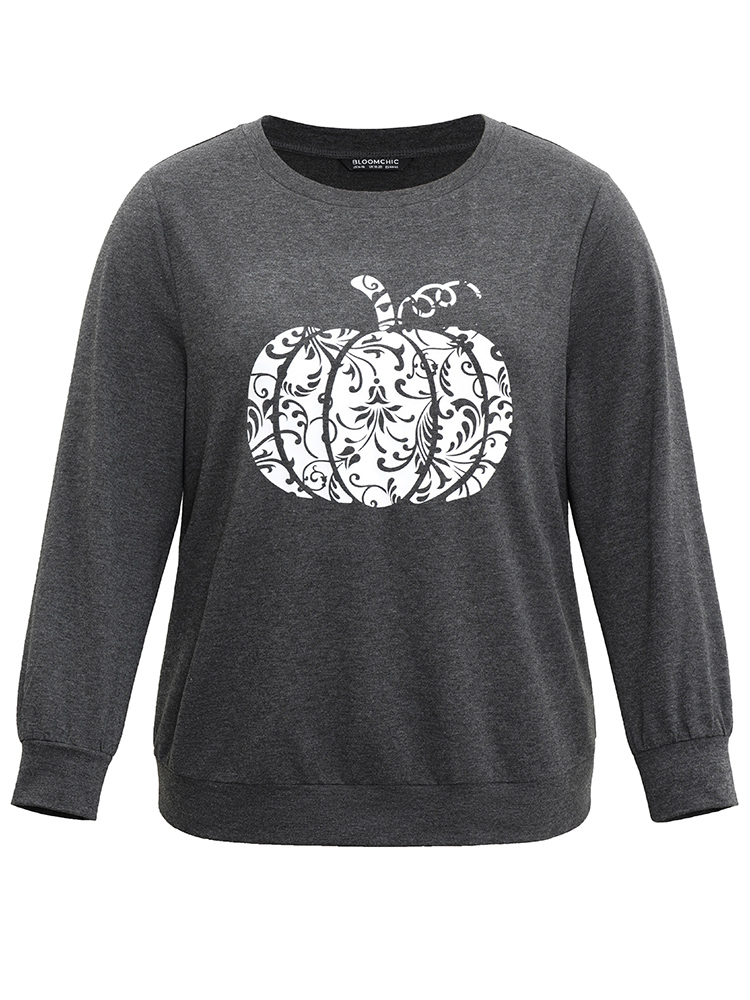 

Plus Size Pumpkin Print Crew Neck Knit Sweatshirt Women DimGray Casual Printed Round Neck Dailywear Sweatshirts BloomChic