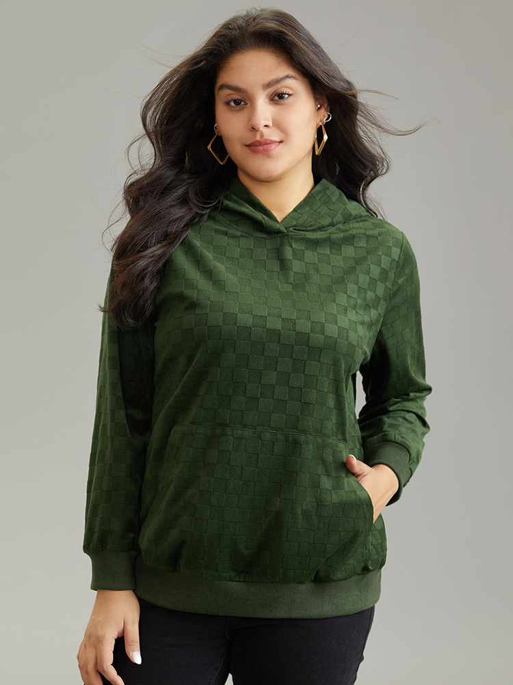 Plus Size Women Dailywear Checkered Pocket Regular Regular Sleeve Long Sleeve Hooded Casual Sweatshirts BloomChic 