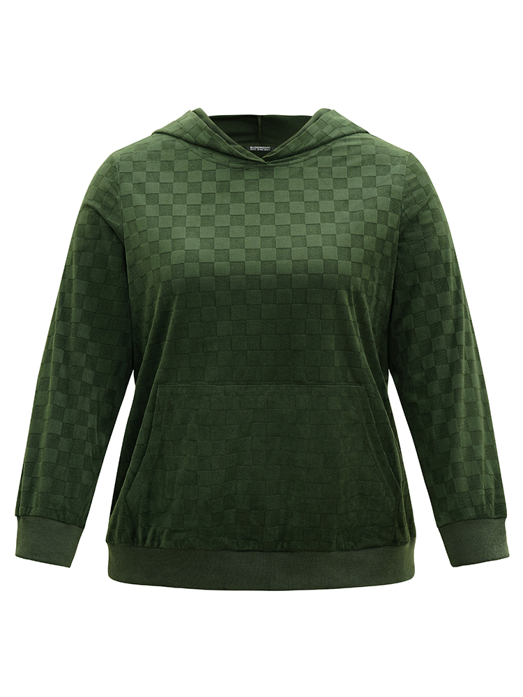 

Plus Size Solid Velvet Checkered Hooded Pocket Sweatshirt Women Green Casual Texture Hooded Dailywear Sweatshirts BloomChic