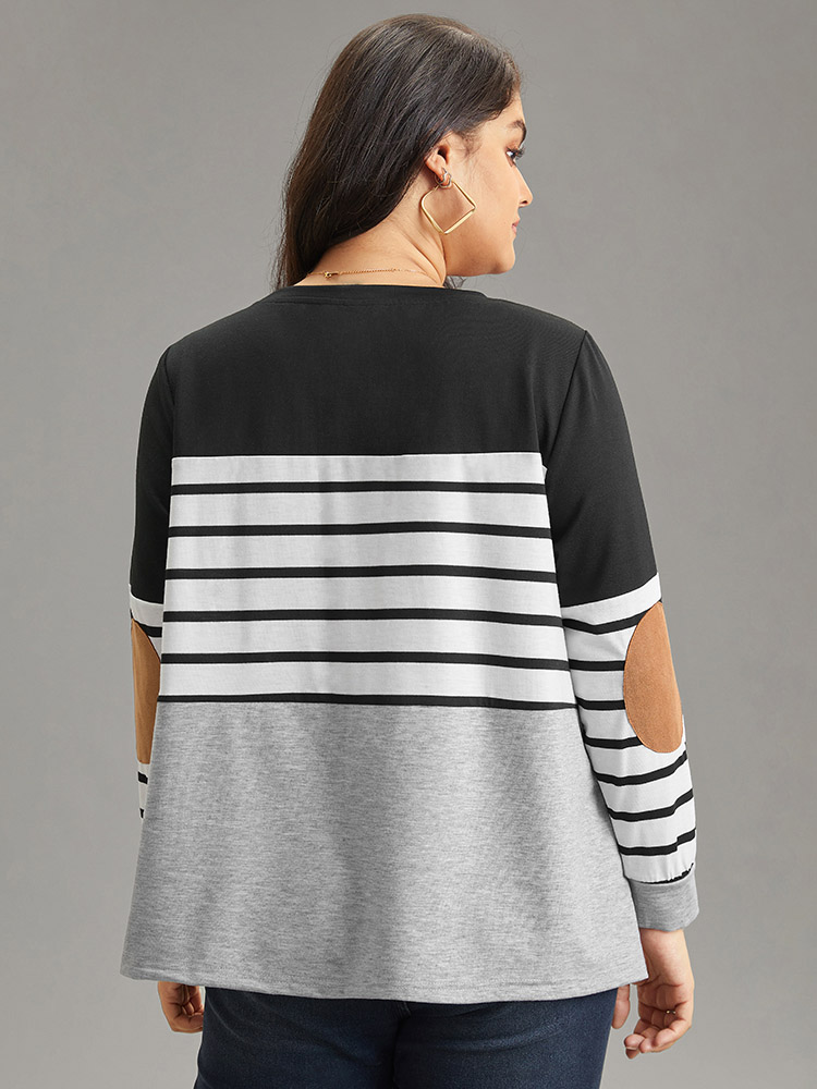 Plus Size Striped Patchwork Contrast Slight Crew Neck Sweatshirt Women Black Casual Contrast Round Neck Dailywear Sweatshirts BloomChic 22-24/3X 