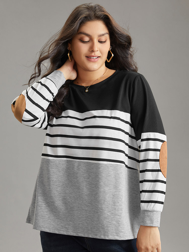 Plus Size Striped Patchwork Contrast Slight Crew Neck Sweatshirt Women Black Casual Contrast Round Neck Dailywear Sweatshirts BloomChic 22-24/3X 