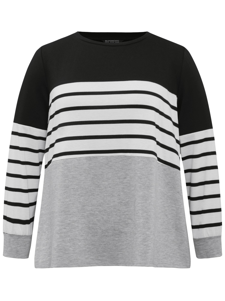 Plus Size Striped Patchwork Contrast Slight Crew Neck Sweatshirt Women Black Casual Contrast Round Neck Dailywear Sweatshirts BloomChic 22-24/3X 