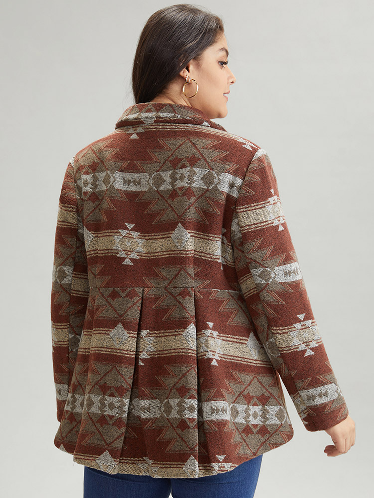 Plus Size Geometric Boho Print Pleated Pocket Coat Women Multicolor Casual Lined Ladies Dailywear Winter Coats BloomChic 18-20/2X 