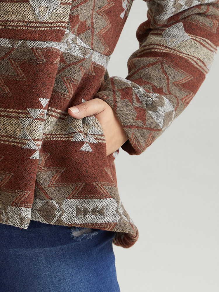 Plus Size Geometric Boho Print Pleated Pocket Coat Women Multicolor Casual Lined Ladies Dailywear Winter Coats BloomChic 18-20/2X 