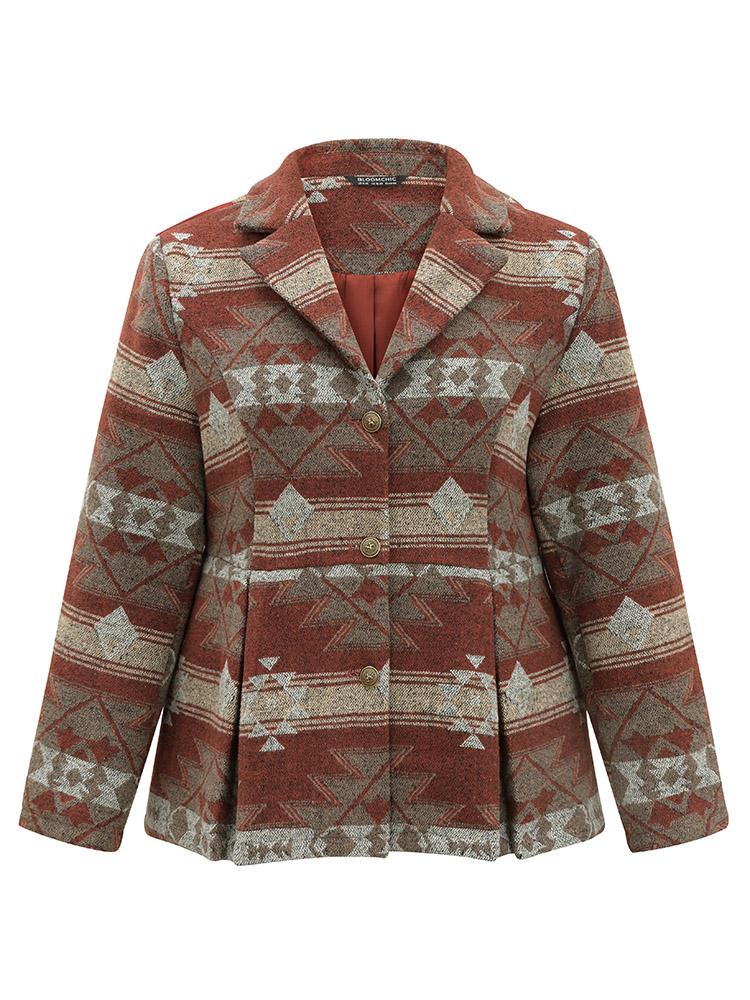 Plus Size Geometric Boho Print Pleated Pocket Coat Women Multicolor Casual Lined Ladies Dailywear Winter Coats BloomChic 18-20/2X 