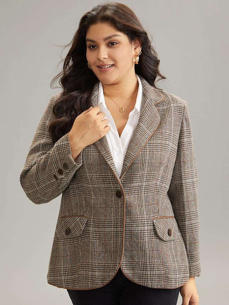 

Plus Size Plaid Suit Collar Flap Pocket Blazer DarkBrown Women Work Plaid Lined Sleeve Long Sleeve Suit Collar  Pocket At the Office Blazers BloomChic