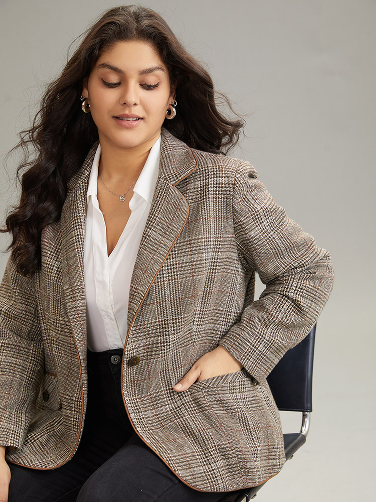 Plus Size Women Work Plaid Lined Regular Sleeve Long Sleeve Suit Collar Pocket At the Office Blazers BloomChic 