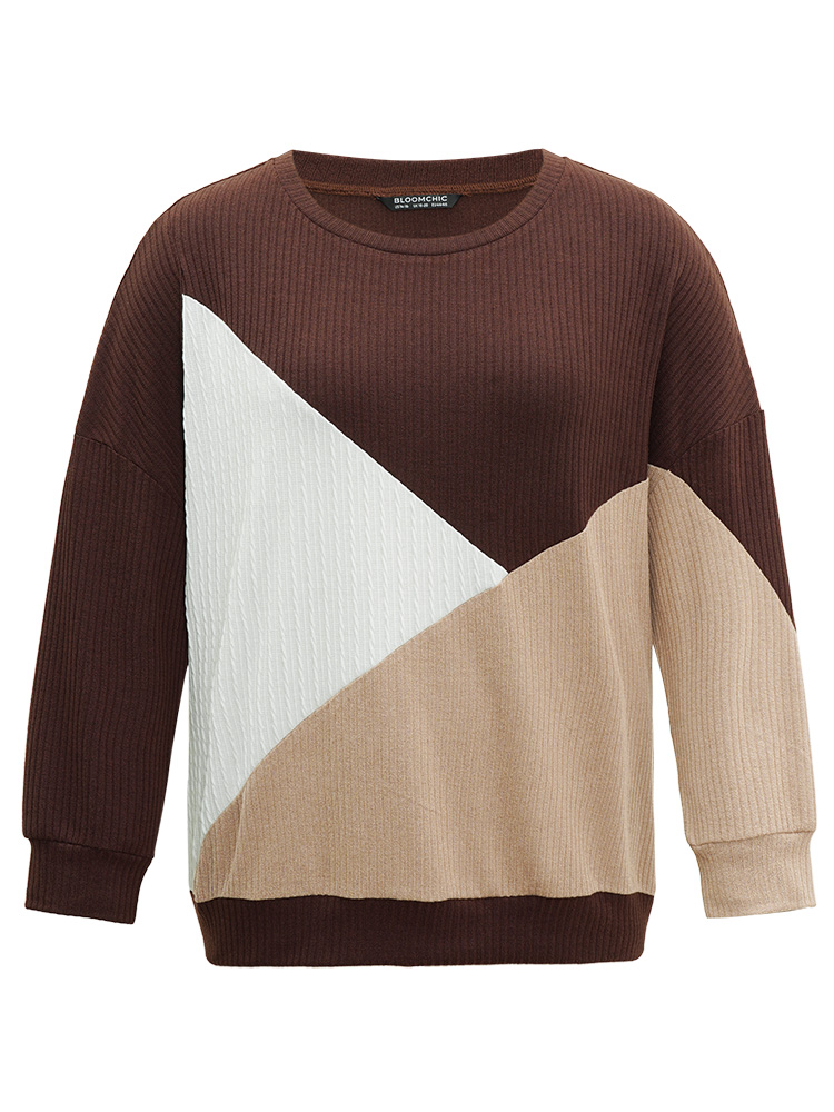 Plus Size Women Dailywear Plain Patchwork Regular Regular Sleeve Long Sleeve Round Neck Casual Sweatshirts BloomChic 