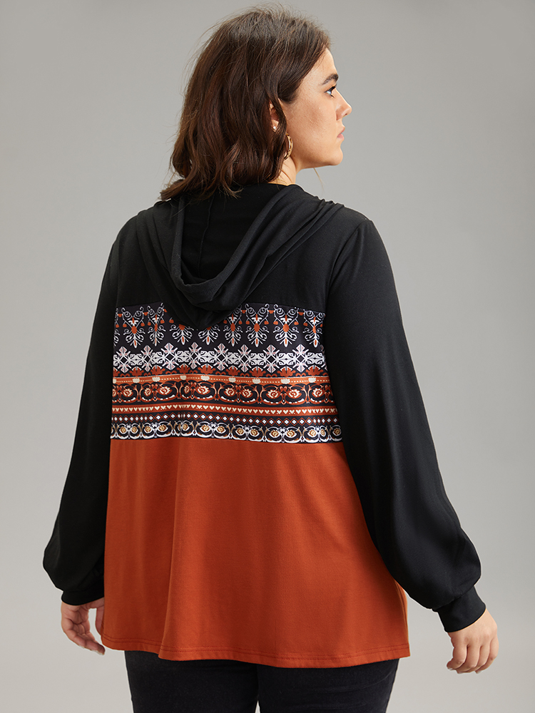 Plus Size Contrast Bandana Button Up Hooded T-shirt Multicolor Women Casual Contrast Bohemian Print Hooded Dailywear T-shirts BloomChic 22-24/3X 