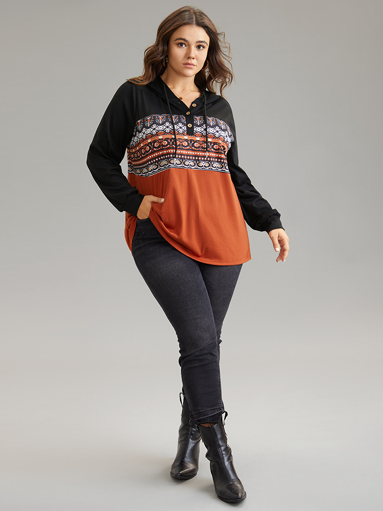 Plus Size Contrast Bandana Button Up Hooded T-shirt Multicolor Women Casual Contrast Bohemian Print Hooded Dailywear T-shirts BloomChic 22-24/3X 