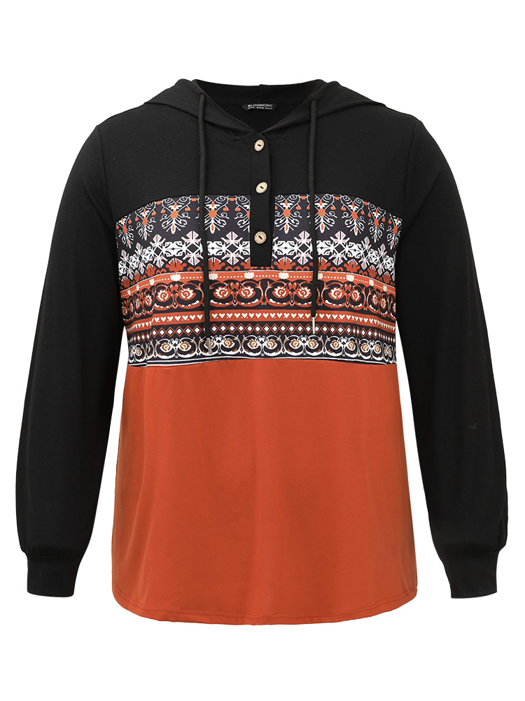 Plus Size Contrast Bandana Button Up Hooded T-shirt Multicolor Women Casual Contrast Bohemian Print Hooded Dailywear T-shirts BloomChic 22-24/3X 