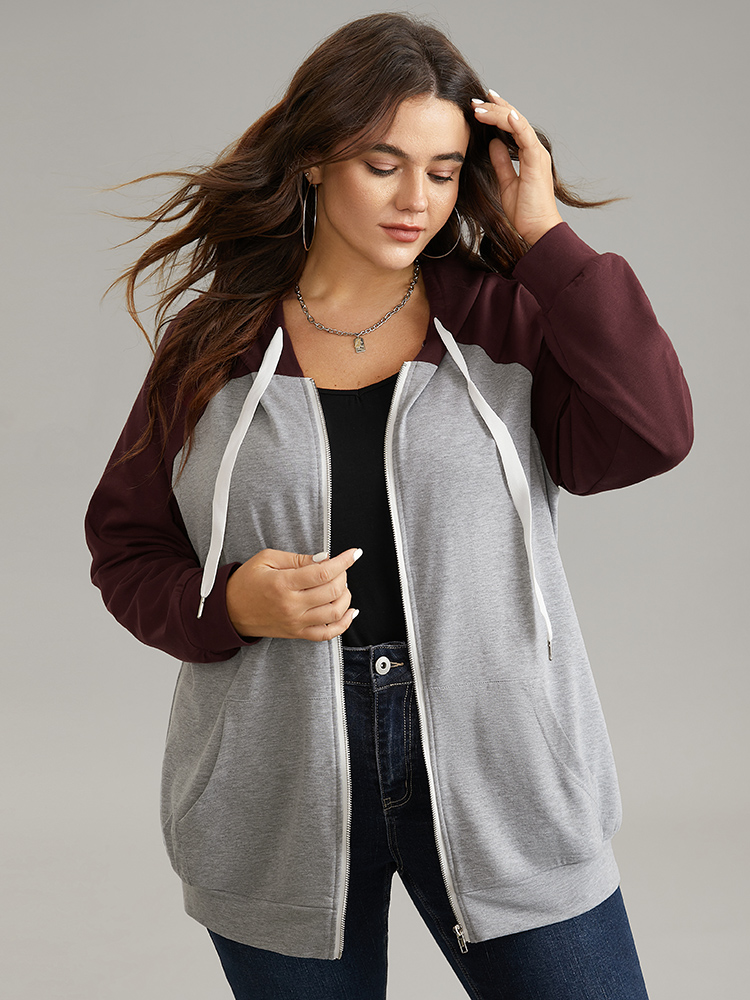 Plus Size Women Dailywear Plain Contrast Regular Raglan sleeve Long Sleeve Hooded Pocket Casual Sweatshirts BloomChic 