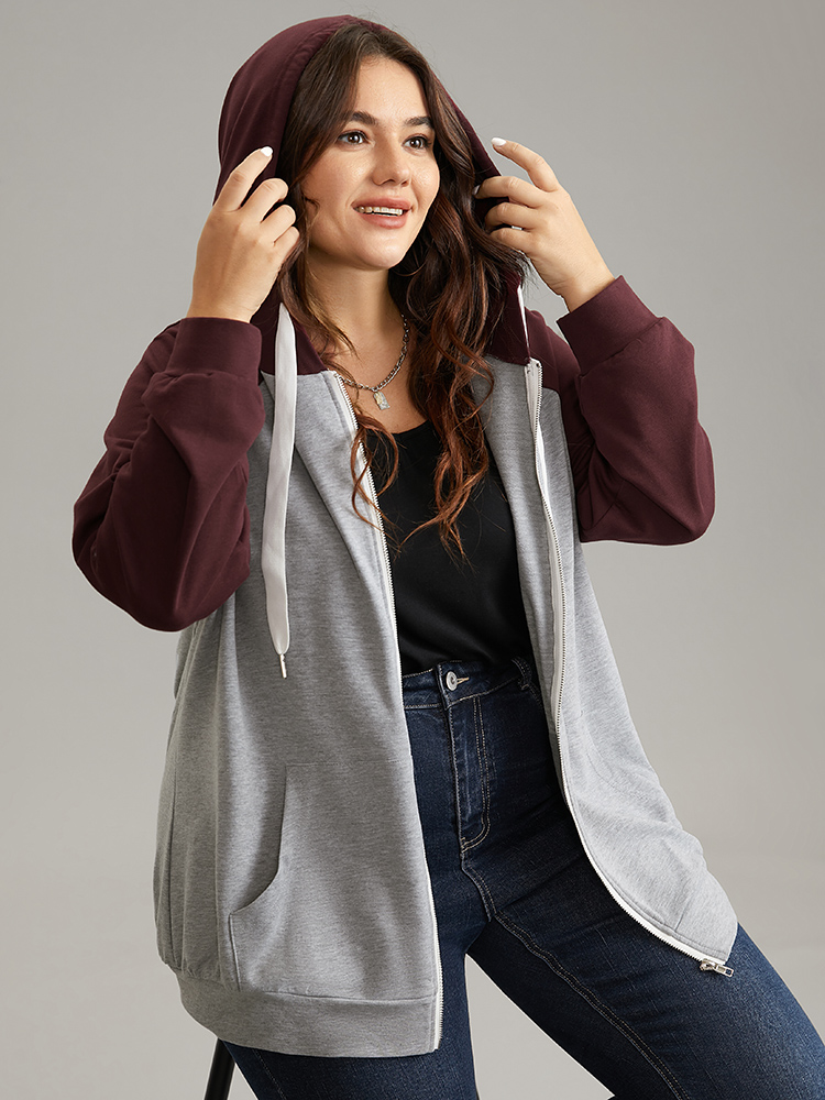 Plus Size Women Dailywear Plain Contrast Regular Raglan sleeve Long Sleeve Hooded Pocket Casual Sweatshirts BloomChic 