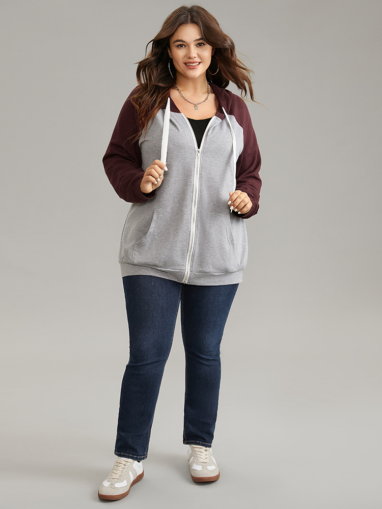 

Plus Size Contrast Raglan Sleeve Zipper Hooded Sweatshirt Women Gray Casual Contrast Hooded Dailywear Sweatshirts BloomChic