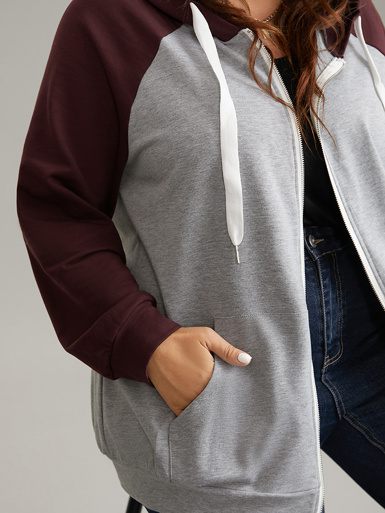 Plus Size Women Dailywear Plain Contrast Regular Raglan sleeve Long Sleeve Hooded Pocket Casual Sweatshirts BloomChic 