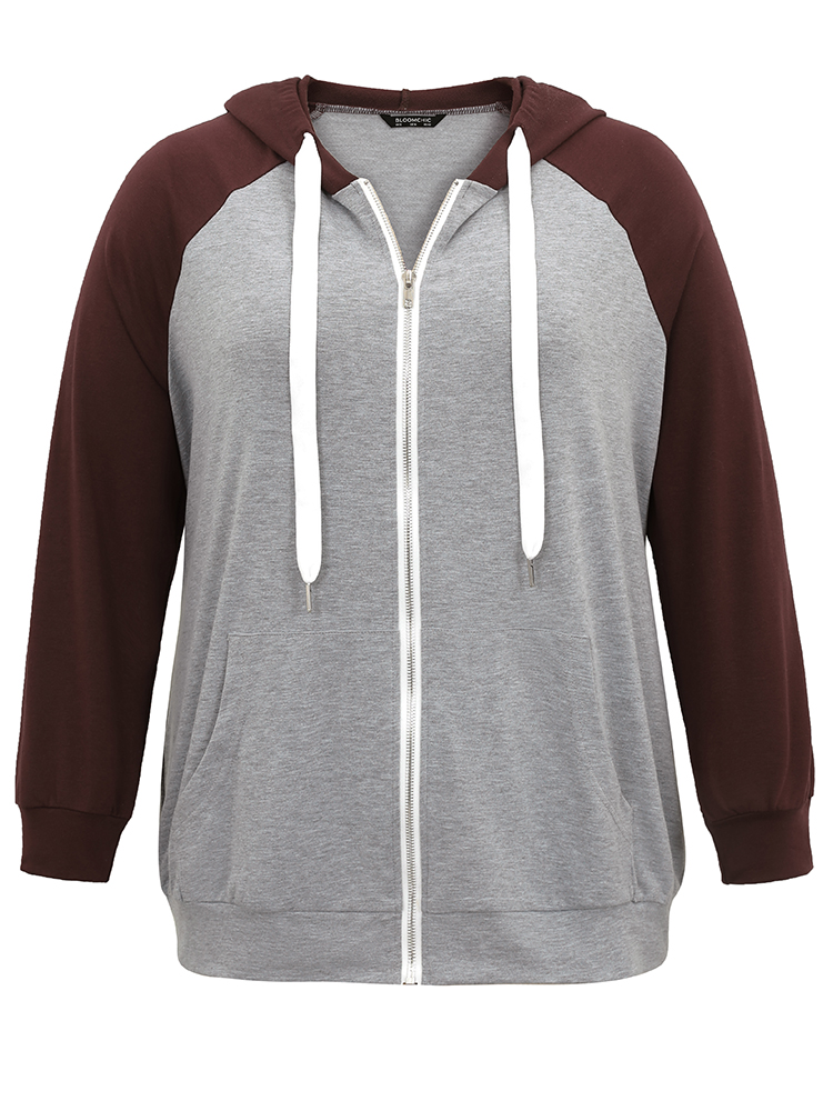 Plus Size Women Dailywear Plain Contrast Regular Raglan sleeve Long Sleeve Hooded Pocket Casual Sweatshirts BloomChic 