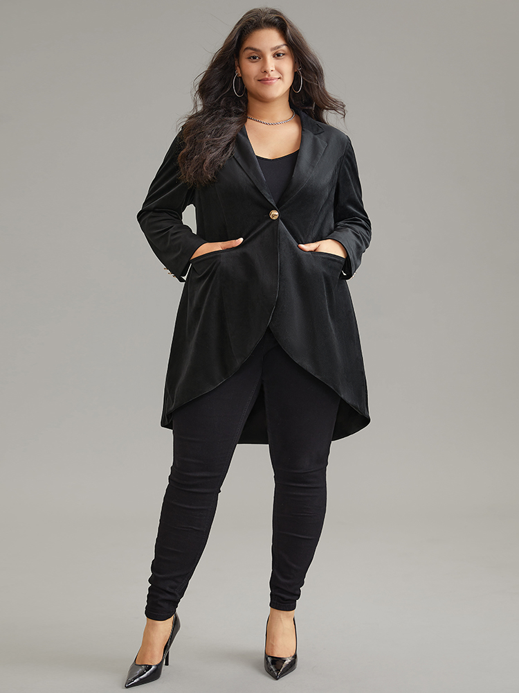 

Plus Size Plain Velvet Metal Detail High Low Hem Coat Women Black At the Office Lined Ladies Work Winter Coats BloomChic