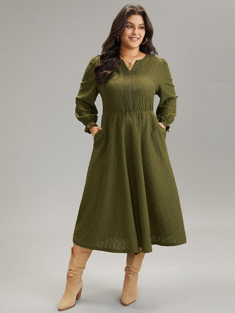 Plus Size Textured Jacquard Notched Ruffle Sleeve Dress ArmyGreen Women At The Office Texture Notched Collar Long Sleeve Curvy Midi Dress BloomChic 30