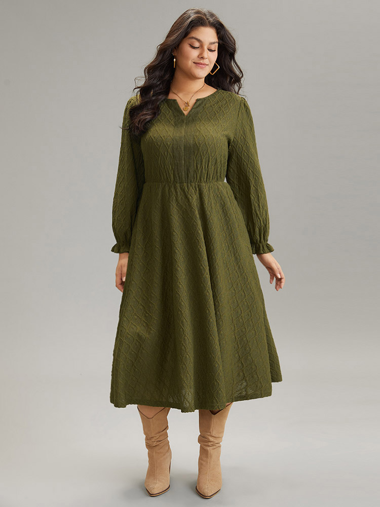 

Plus Size Textured Jacquard Notched Ruffle Sleeve Dress ArmyGreen Women At the Office Texture Notched collar Long Sleeve Curvy Midi Dress BloomChic