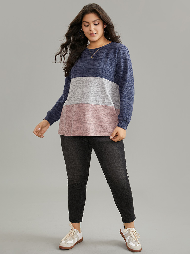 Plus Size Women Dailywear Plain Contrast Regular Regular Sleeve Long Sleeve Round Neck Casual Sweatshirts BloomChic 