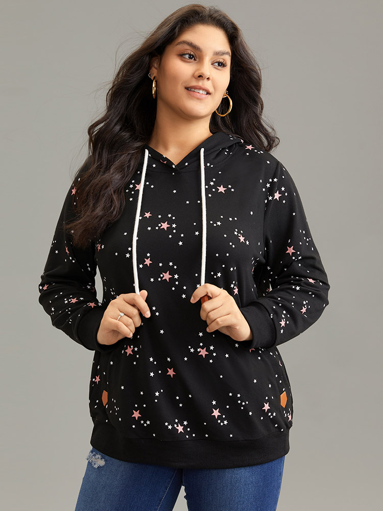 

Plus Size Star Kangaroo Pocket Hooded Rib Knit Sweatshirt Women Black Casual Rib Knit Hooded Dailywear Sweatshirts BloomChic