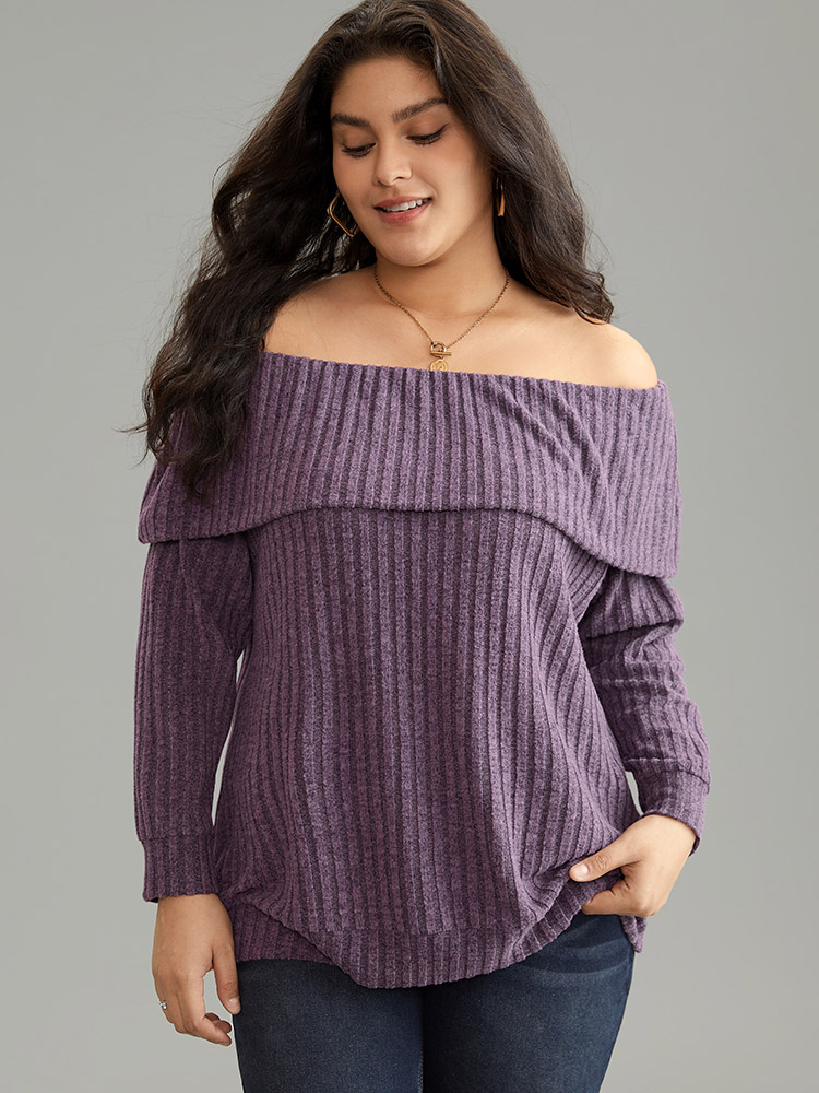 

Off Shoulder Solid Plisse Long Sleeve T-shirt, Purple