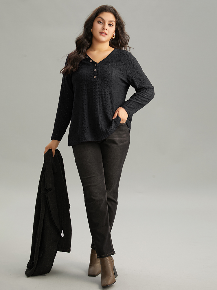 Plus Size Broderie Anglaise Button Detail Jacquard T-shirt Black Women Elegant Texture Plain V-neck Dailywear T-shirts BloomChic 26/4X 