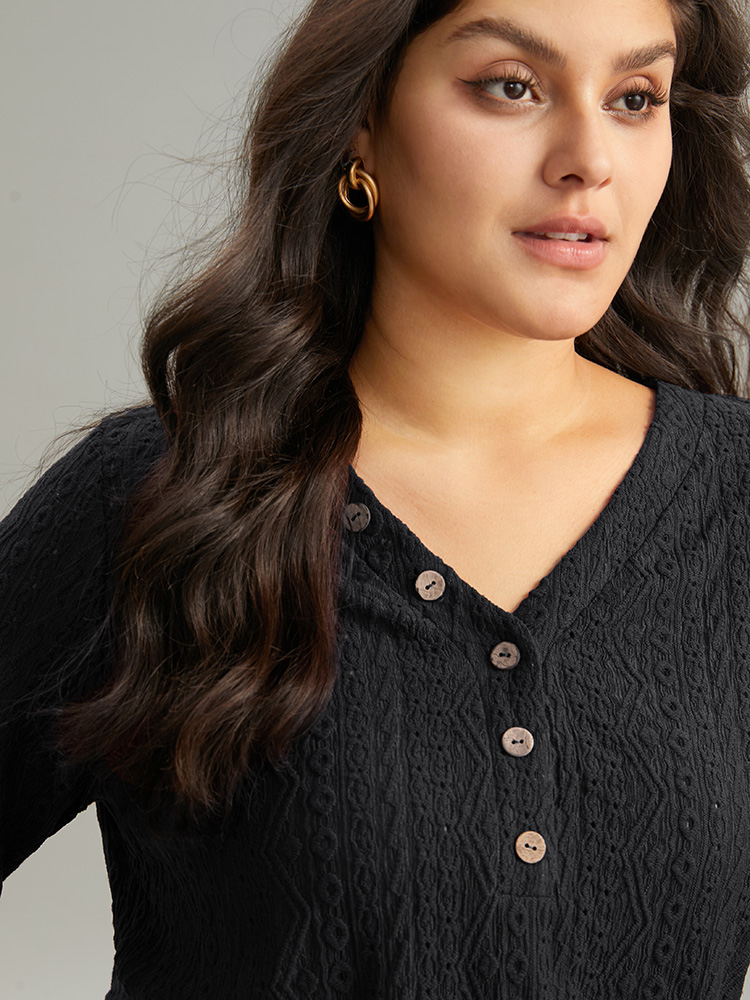 Plus Size Broderie Anglaise Button Detail Jacquard T-shirt Black Women Elegant Texture Plain V-neck Dailywear T-shirts BloomChic 26/4X 