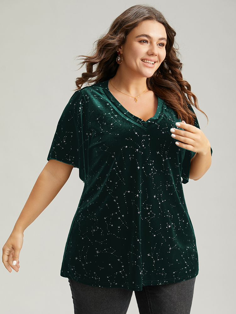 

Plus Size Galaxy Glitter Velvet Ruffle Sleeve T-shirt Green V-neck Short sleeve Elegant Jersey Tops