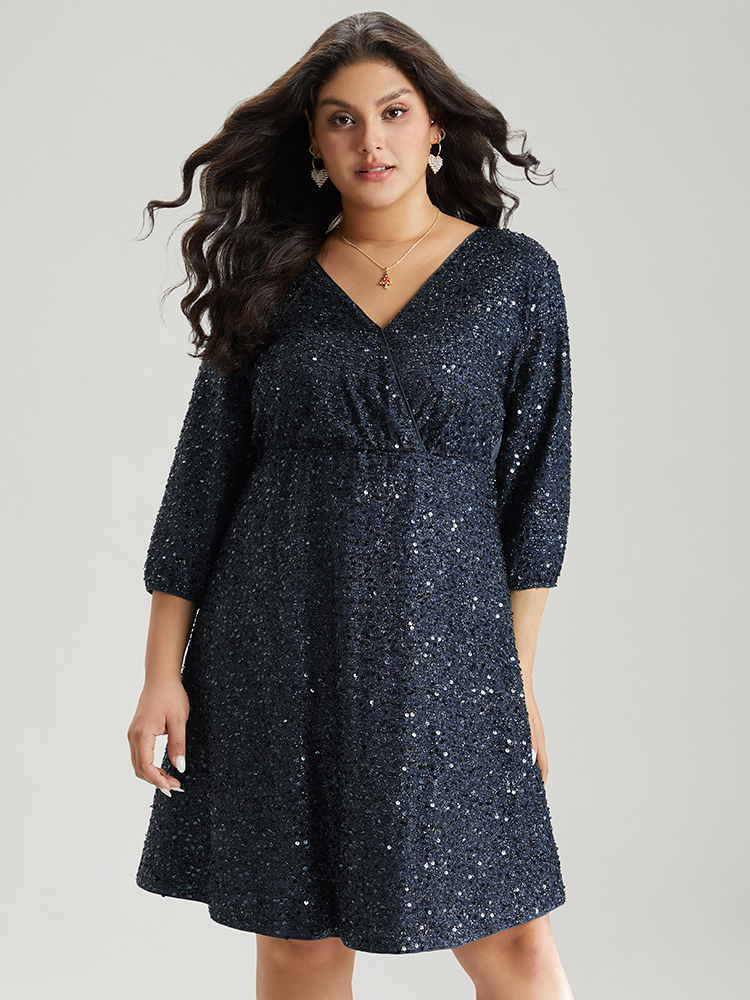 

Plus Size Sequin Overlap Collar Elastic Waist Knee Dress DarkBlue Women Cocktail Wrap Overlap Collar Elbow-length sleeve Curvy Knee Dress BloomChic