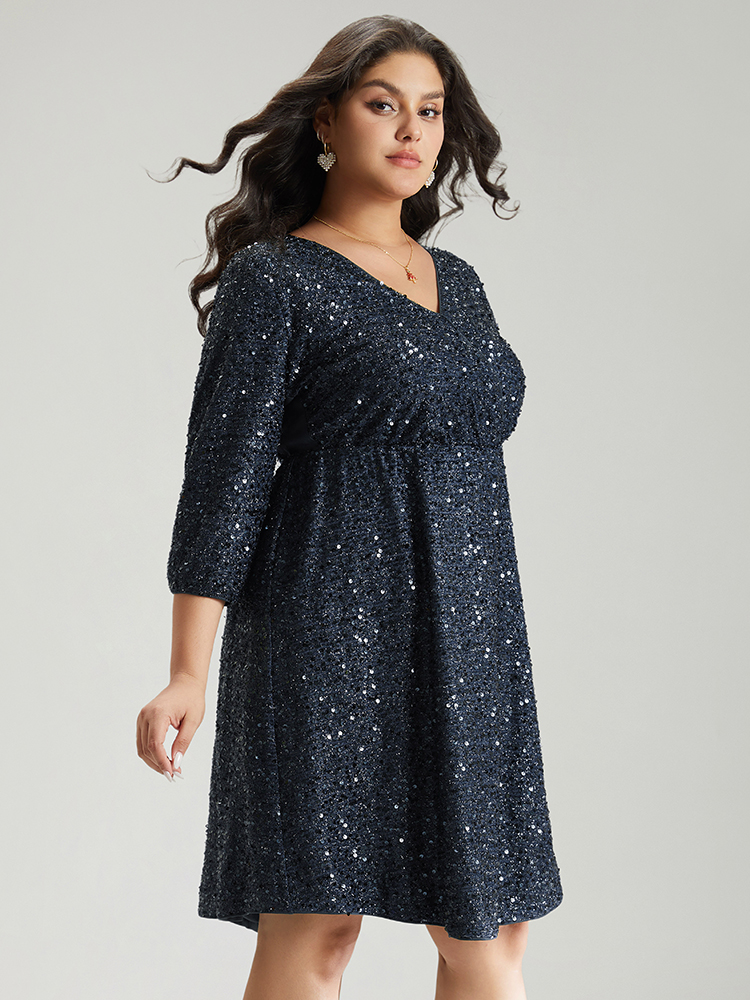 

Plus Size Sequin Overlap Collar Elastic Waist Knee Dress DarkBlue Women Cocktail Wrap Overlap Collar Elbow-length sleeve Curvy Knee Dress BloomChic