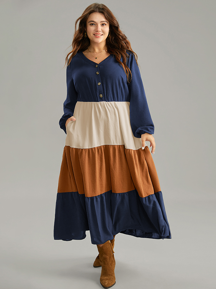Plus Size Colorblock Patchwork Lantern Sleeve Button Detail Dress DarkBlue Women Elegant Elastic cuffs V-neck Long Sleeve Curvy Midi Dress BloomChic 22-24/3X 