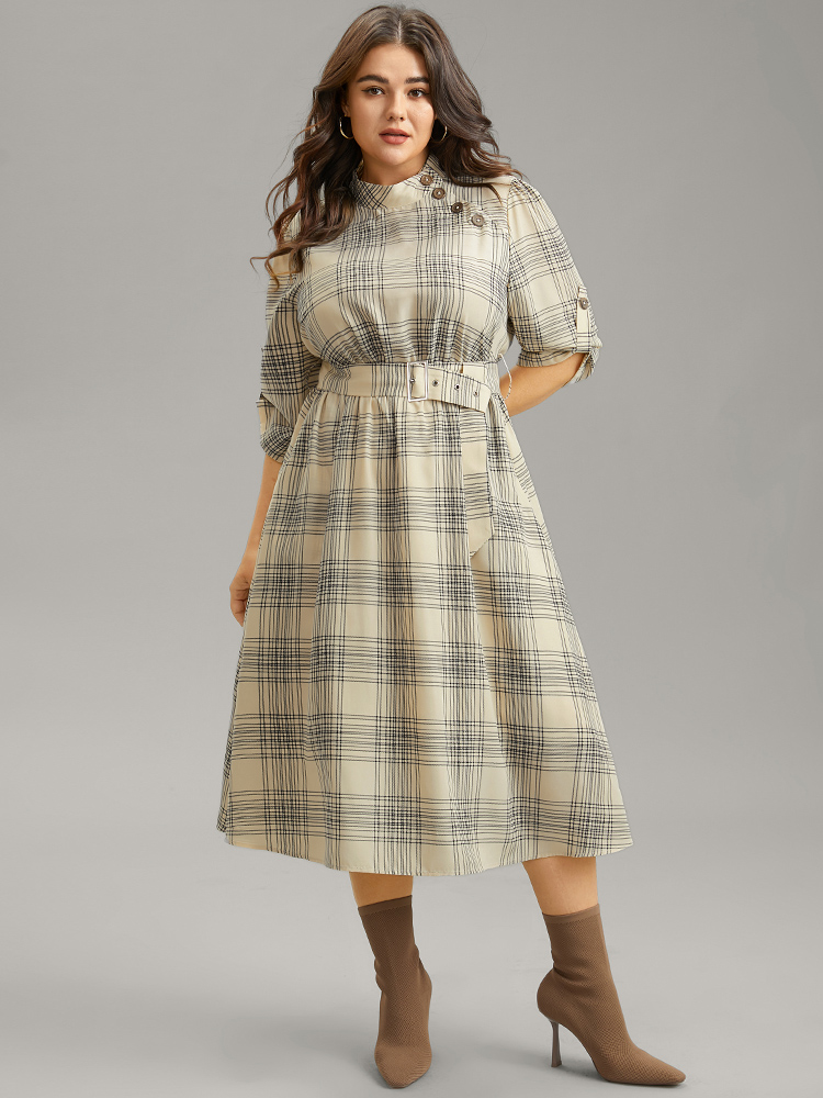 

Plus Size Mock Neck Plaid Buckle Detail Belted Dress LightBrown Women Office Belted Mock Neck Elbow-length sleeve Curvy Midi Dress BloomChic