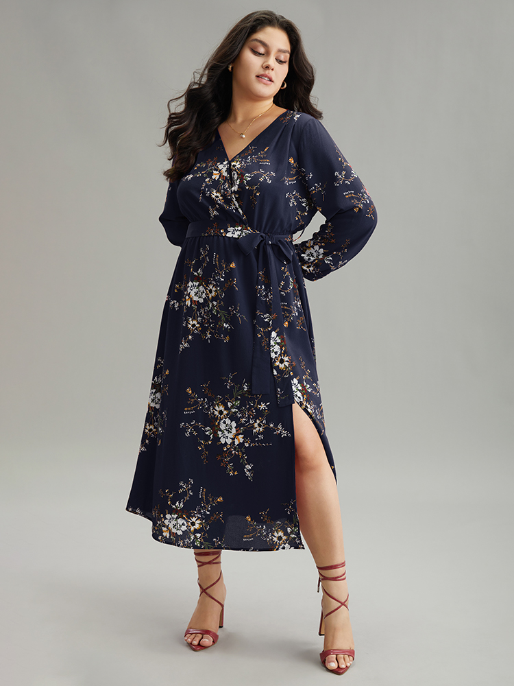 

Plus Size Floral Print Belted Split Surplice Neck Dress DarkBlue Women Elegant Elastic cuffs Overlap Collar Long Sleeve Curvy Midi Dress BloomChic