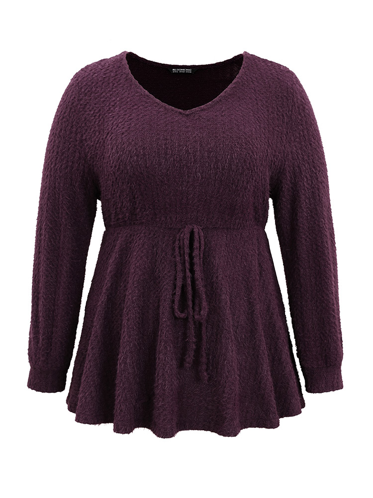 

Plus Size Solid Texture Fluffy Knot Ruffle Hem T-shirt Eggplant V-neck Long Sleeve Elegant Jersey Tops