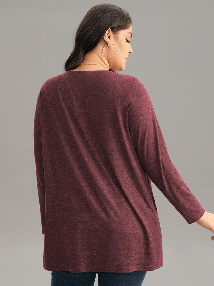 

Plus Size Solid Heather Round Neck Plicated Detail T-shirt Russet Round Neck Long Sleeve Casual Jersey Tops