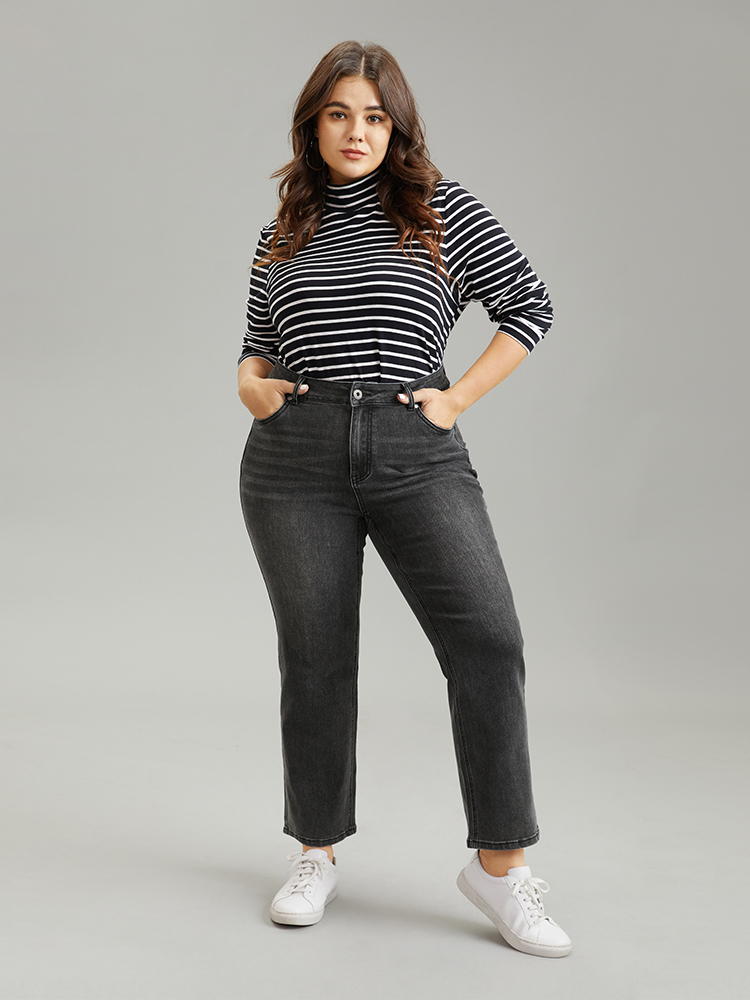 Plus Size Vintage Black Wash Straight Leg Jeans Women DimGray Casual Plain Plain High stretch Pocket Jeans BloomChic 28/5X 
