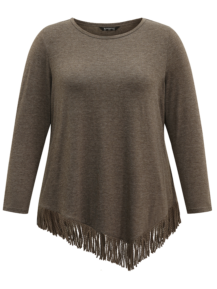 

Plus Size Plain Tassels Trim Hem Long Sleeve T-shirt DarkBrown Round Neck Long Sleeve Casual Jersey Tops