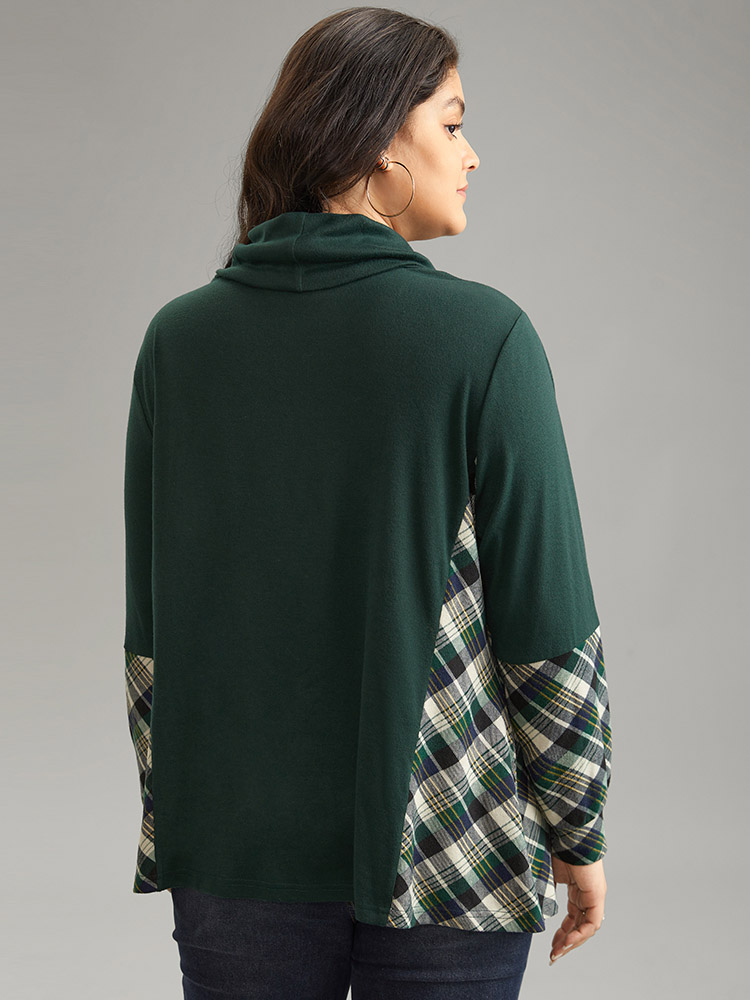 

Plus Size Mock Neck Plaid Patchwork Knit T-shirt DarkGreen Women Casual Patchwork Plaid Mock Neck Dailywear T-shirts BloomChic