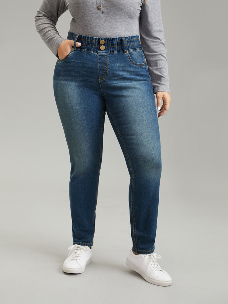 

Plus Size Elastic Waist Button Detail Skinny Medium Wash Jeans Women Indigo Casual Plain Plain High stretch Pocket Jeans BloomChic