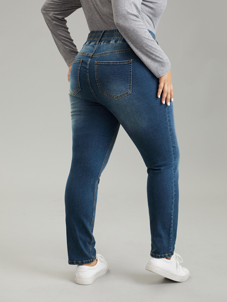 Plus Size Elastic Waist Button Detail Skinny Medium Wash Jeans Women Indigo Casual Plain Plain High stretch Pocket Jeans BloomChic 18/2X 