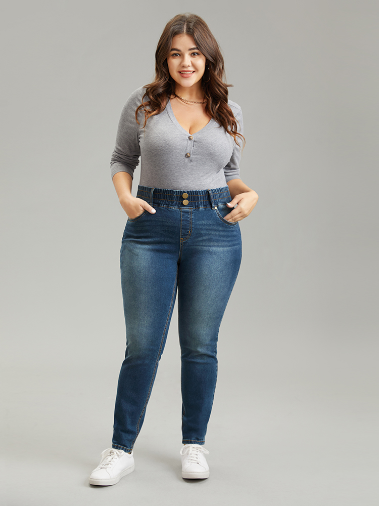 Plus Size Elastic Waist Button Detail Skinny Medium Wash Jeans Women Indigo Casual Plain Plain High stretch Pocket Jeans BloomChic 18/2X 