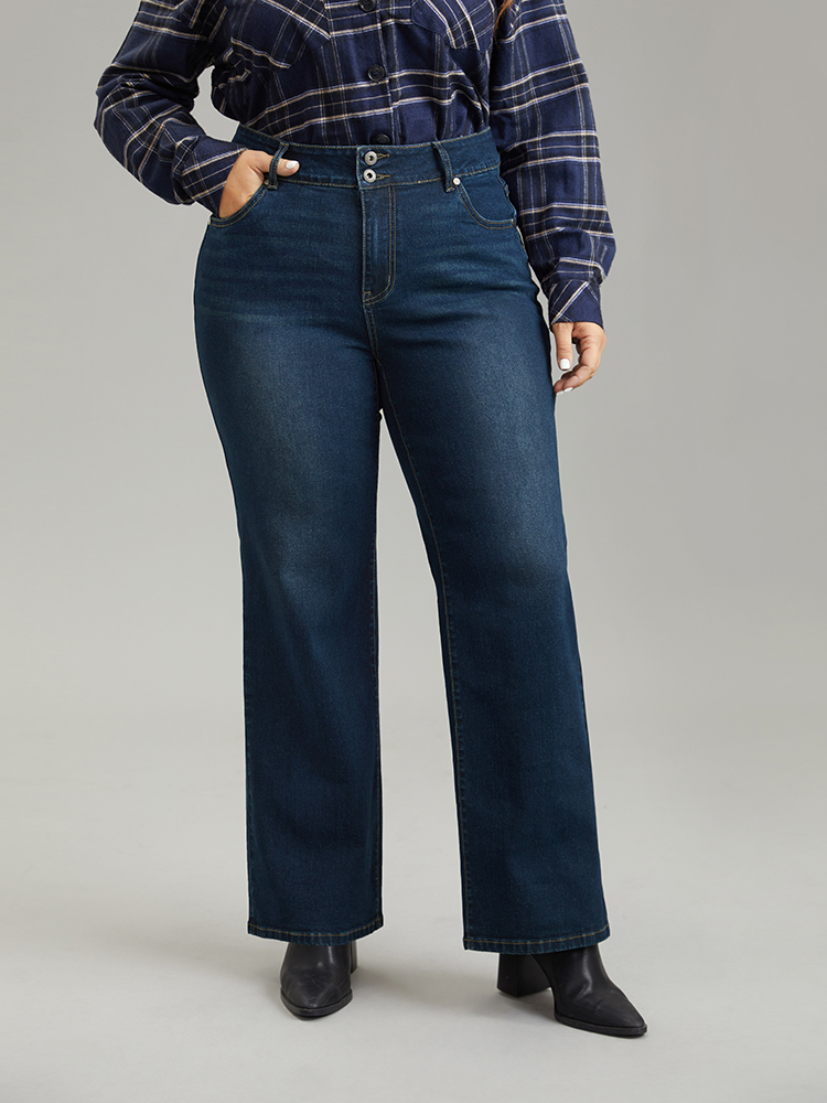 Plus Size Women Dailywear Plain High stretch Straight Leg Dark Wash Casual Jeans BloomChic 