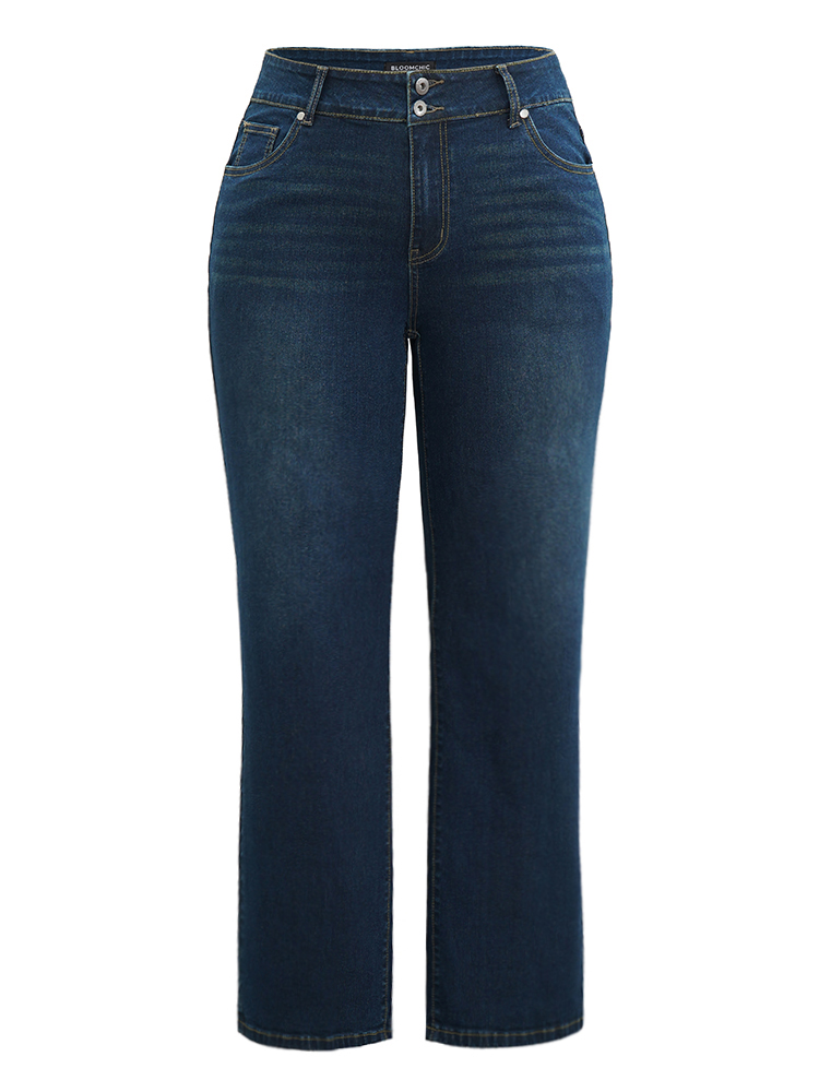Plus Size Women Dailywear Plain High stretch Straight Leg Dark Wash Casual Jeans BloomChic 