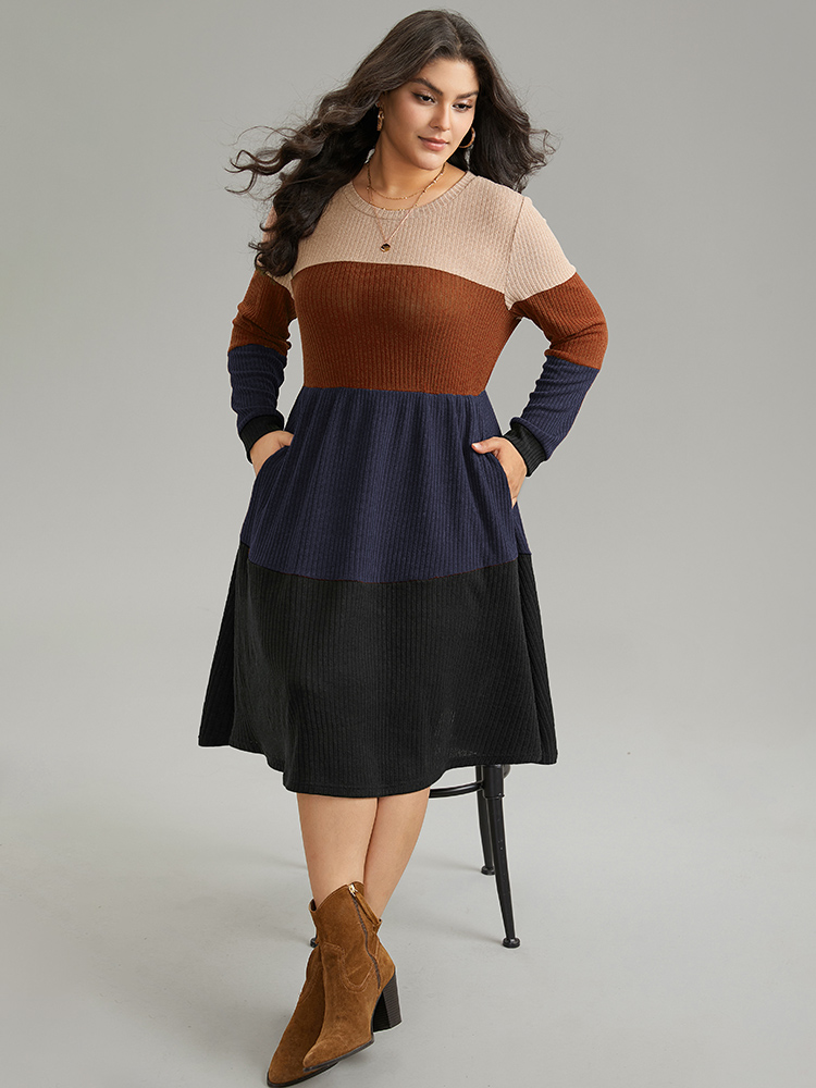 

Plus Size Colorblock Rib Knit Pocket Patchwork Dress DarkBlue Women Casual Rib Knit Round Neck Long Sleeve Curvy Knee Dress BloomChic