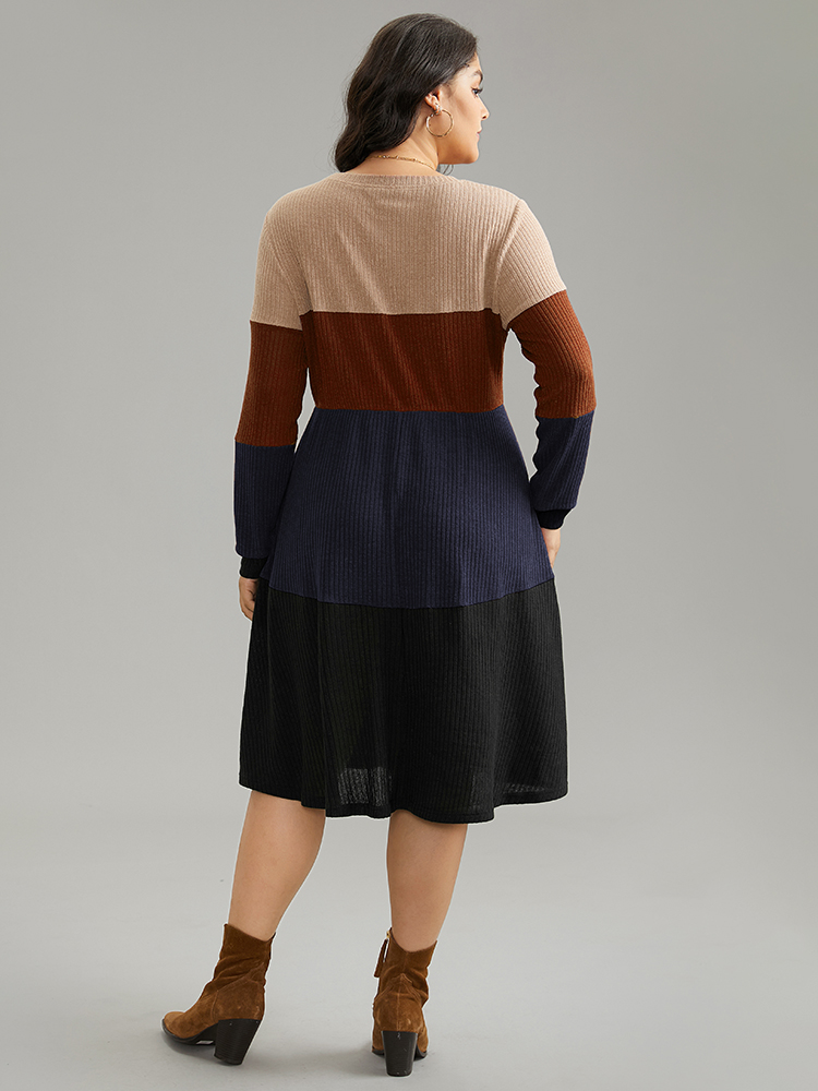 Plus Size Colorblock Rib Knit Pocket Patchwork Dress DarkBlue Women Casual Rib Knit Round Neck Long Sleeve Curvy Knee Dress BloomChic 10/M 